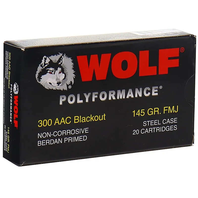 Wolf Polyformance 300 Blackout Ammo 145GR FMJ Steel Case 20 Rounds