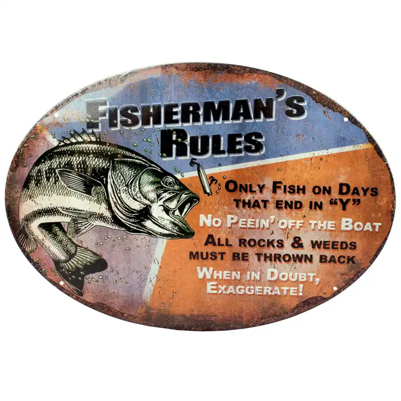 Rivers Edge Products Tin Sign Fisherman‘s Rules, Size 12" x 17" mfg 1537
