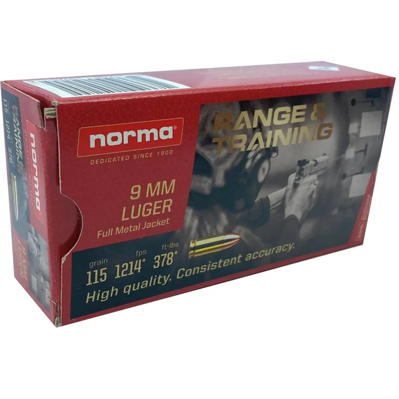 Norma Range & Training 620240050 9mm Ammo 115GR FMJ 50 Rounds