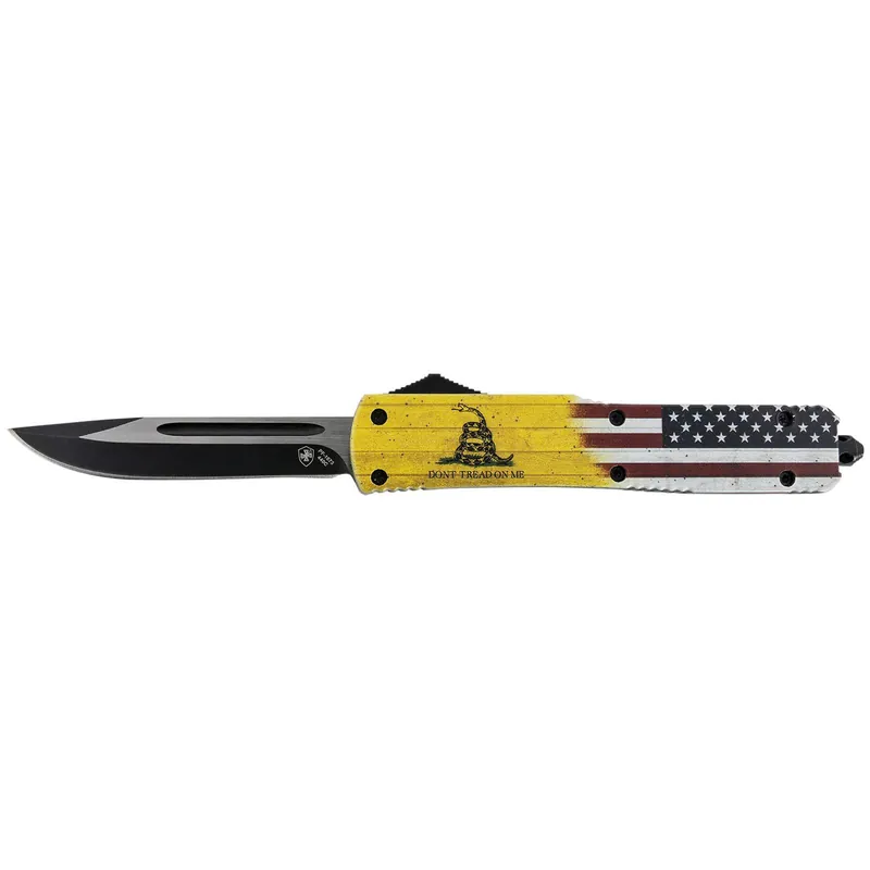 Templar Knife MDTOM331 Gen II Don‘t Tread On Me Slim 3.50" OTF Drop Point Plain Black Oxide Stonewashed 440C SS Blade, 5.05" Yellow w/Flag & "Don‘t Tread On Me" Aluminum Handle, Glass Breaker