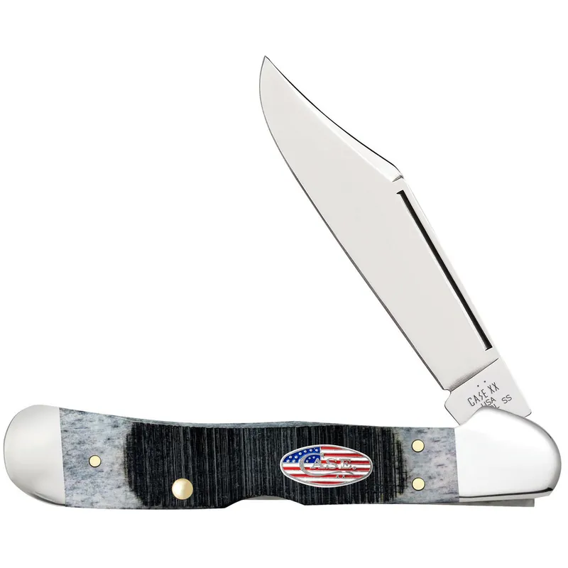 Case 53063 CopperLock Stars & Stripes 2.99" Folding Wharncliffe Plain Mirror Polished Tru-Sharp SS Blade, Sawcut Jig Gray Bone Handle, American Flag Shield