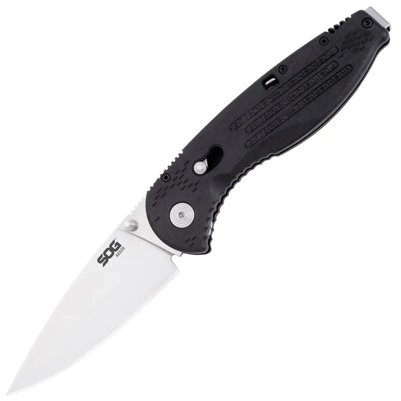 SOG AE01 Aegis Folding Knife Assisted 3.5" Satin Plain Blade Black FRN Handles Piston Lock
