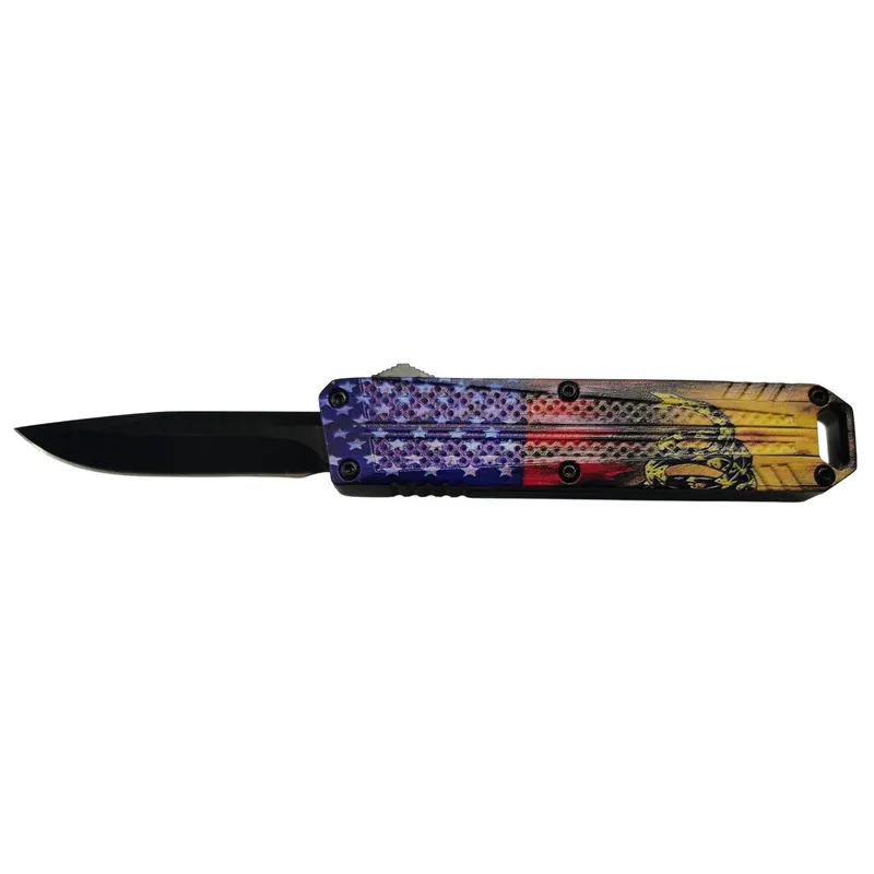 Xcaliber Knife Company Don‘t Tread on Me Small 2.75" OTF Drop Point Plain Black 440C SS Blade, 4.15" US Flag Aluminum Handle
