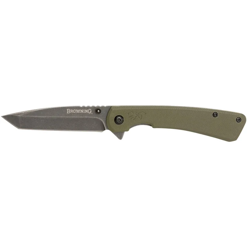 Browning 3220507 Branded Rock EDC 3" Folding Tanto Plain Black Stonewashed 7Cr17MoV SS Blade OD Green, G10 Handle