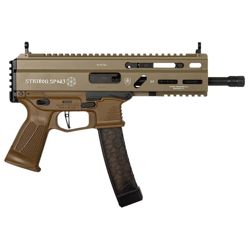 Grand Power 197892004770 SP9A3 Stribog 9mm Luger 30+1 8" Black Threaded Barrel, M-LOK Handguard, Flat Dark Earth Aluminum Picatinny Rail Receiver, Rear Picatinny Rail, FDE Polymer Grips