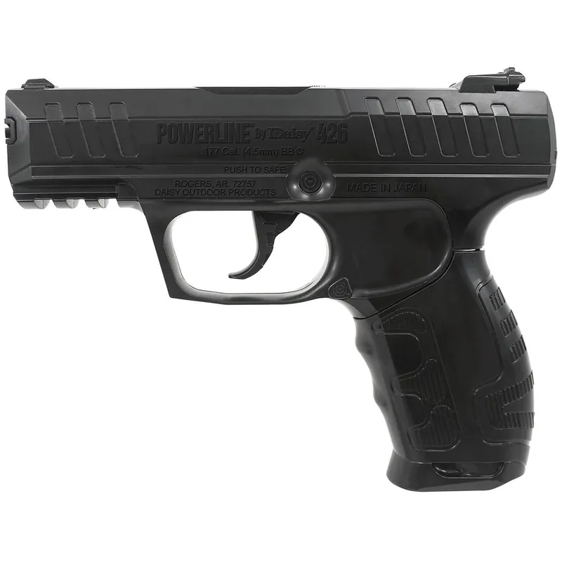Daisy 426 Powerline Air Pistol CO2 177 Semi-Automatic 15 Shot Built-In BB Magazine, Smooth Bore Steel Barrel, Blade Front/Fixed Open Rear Sights, Molded Black Grip
