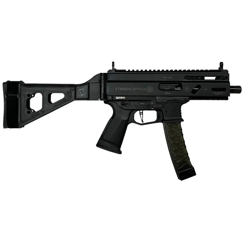 Grand Power 810091152836 Stribog SP9A35S 9mm Luger 30+1 8" Black Picatinny Rail Receiver, SB Tactical Brace, Black Polymer Grip