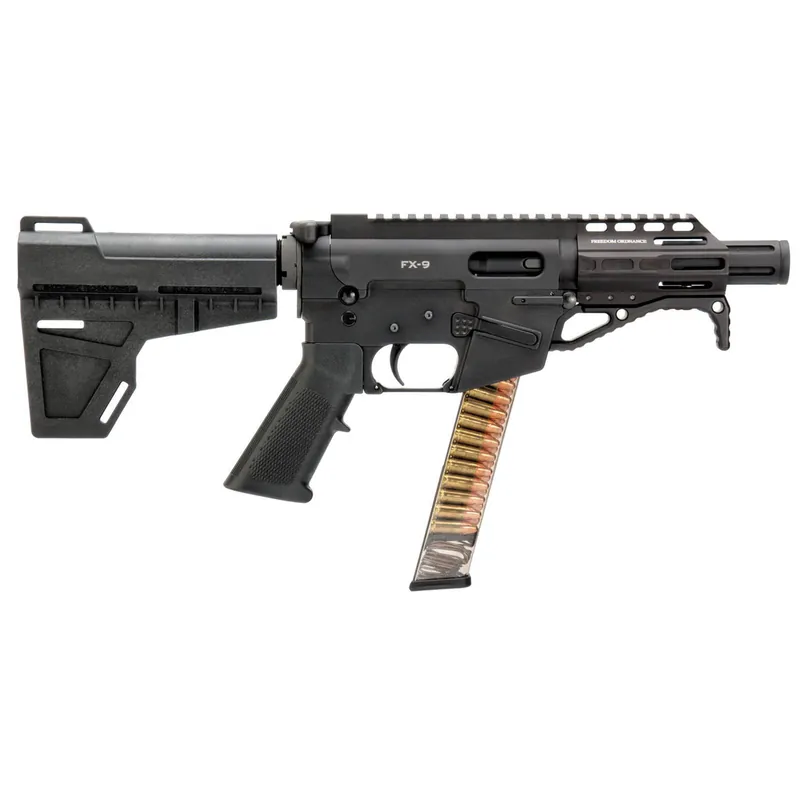 Freedom Ordnance FX9P4 FX-9 9mm Luger 31+1 4.50" Black Nitride Chromoly Steel Barrel Black Hard Coat Anodized Black KAK Shockwave Pistol Brace Black Polymer Grips Right Hand