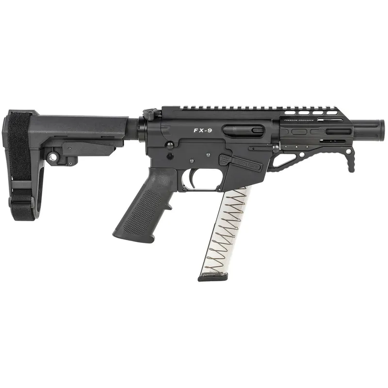 Freedom Ordnance FX9P4S FX-9 9mm Luger 31+1 4" Black Nitride Barrel w/Faux Suppressor, Black Hard Coat Anodized Aluminum Receiver, SB Tactical SBA3 Pistol Brace Stock, Black Polymer Grip