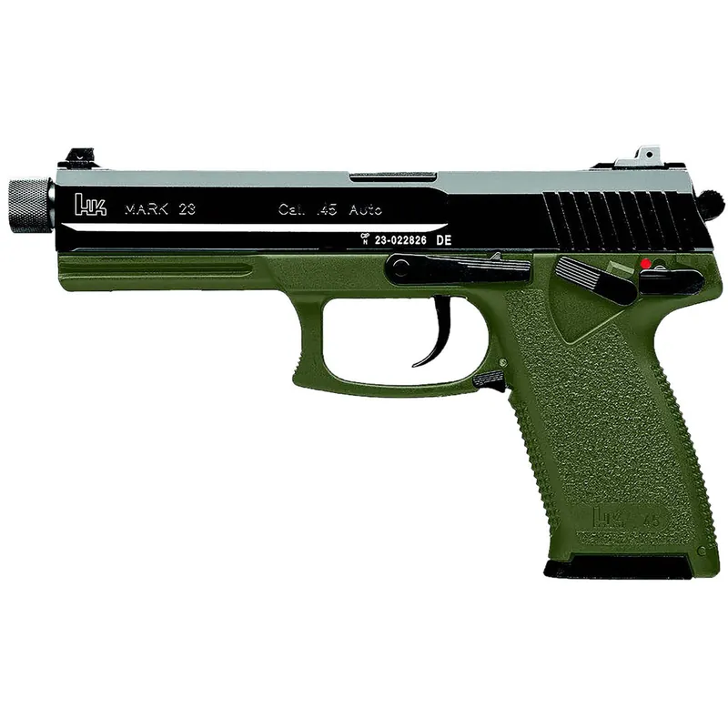 HK 81001075 Mark 23 45 ACP 10+1 5.87" Black Threaded Barrel, Black Cerakote Serrated Steel Slide, OD Green Polymer Frame w/Accessory Rail, Textured Grip