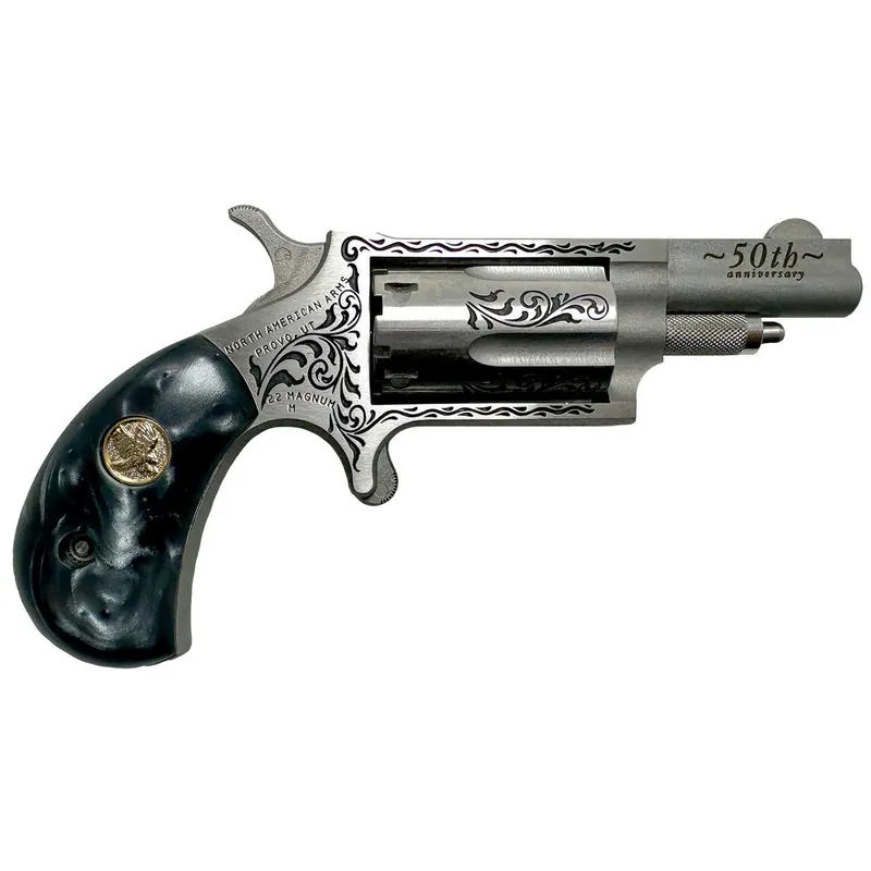 North American Arms 22M50B 50th Anniversary 22 Mag 5 Shot 1.63" Matte Stainless w/"50th Anniversary" & Scroll Engraving, Black Pearl Grip, Exposed Hammer