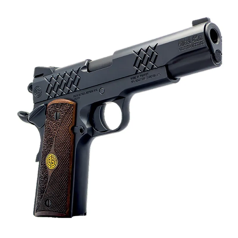 Dickinson LLC DKSN9BM 1911 Adam Full Size Frame 45 ACP 8+1 4.37" Matte Black Button Rifled Barrel, Matte Black Serrated Aluminum Slide, Matte Black Steel Frame, Wood Grips