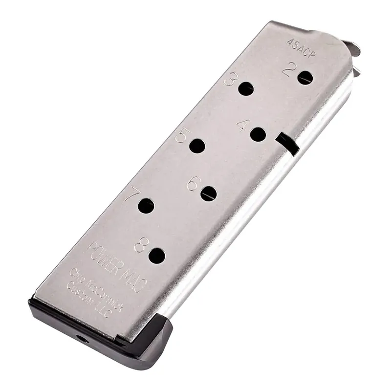CMC Products 14132 Power Mag 8rd 45 ACP Fits 1911 Officer Stainless Steel w/ Black Base Pad