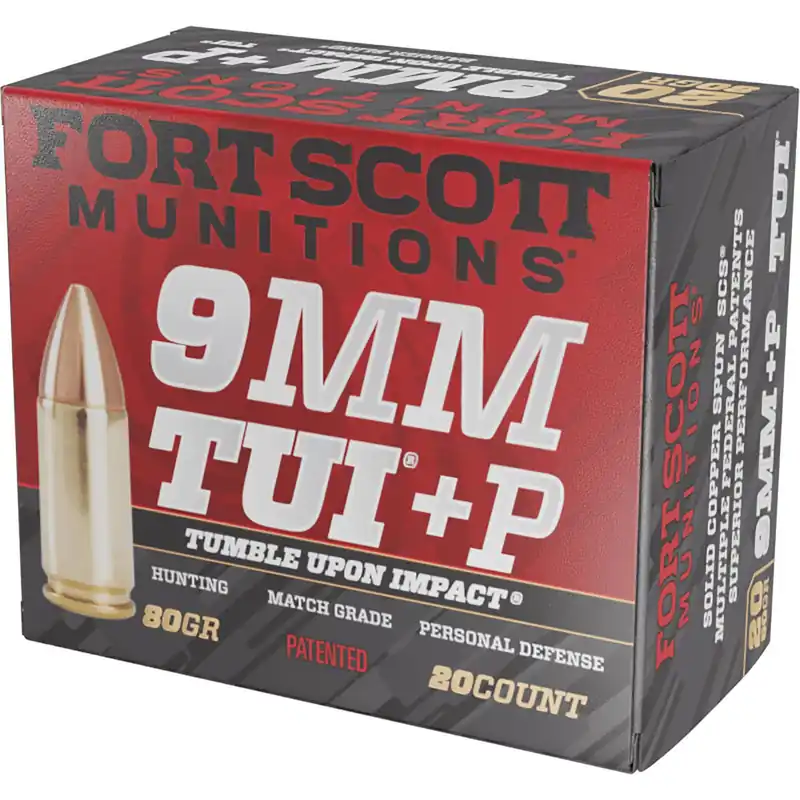 Fort Scott Munitions 9MM+P-080-SCV Tumble Upon Impact (TUI) 9mm+P 80gr Solid Copper Spun 20 Per Box/25 Case