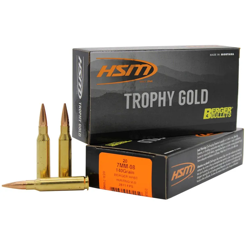 HSM 7MM08140VLD Trophy Gold Extended Range 7mm-08 Rem 140 gr Berger Hunting VLD Match 20 Per Box/ 25 Case