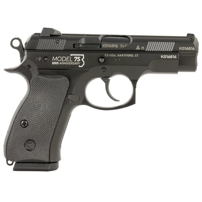 CZ-USA 91123 75D 50th Anniversary Compact Frame 9mm Luger 15+1 3.75" Black Barrel, Black Steel Serrated Slide, Black Aluminum Frame w/Beavertail, Black Rubber Grip