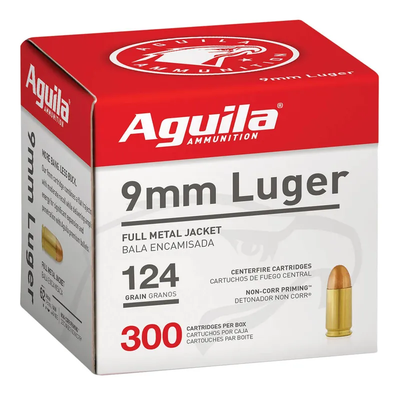 Aguila 1E092108 9mm Luger 124gr Full Metal Jacket 300 Per Box/4 Case