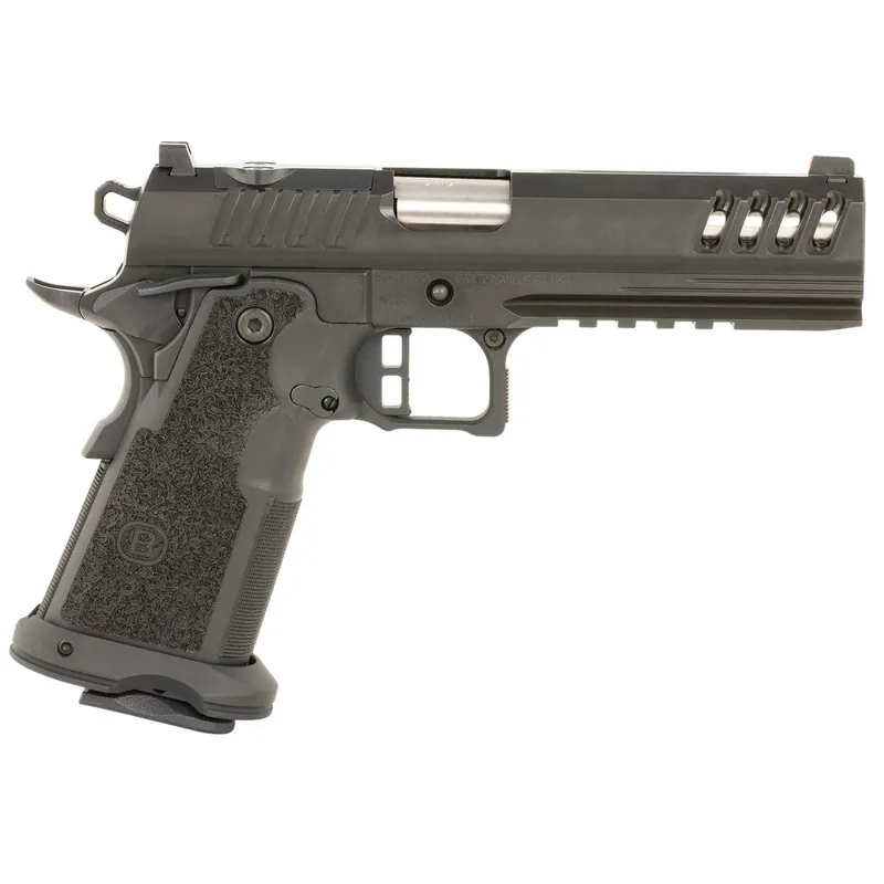 Bersa M2XIO5BBFN M2XI 9mm Luger 22+1 5" Match Grade Bull Barrel, QPQ Tenifer Cerakote Lightening Cut/Optic Cut/Serrated Steel Slide & Frame w/Beavertail & Picatinny Rail, Black Polymer Grip