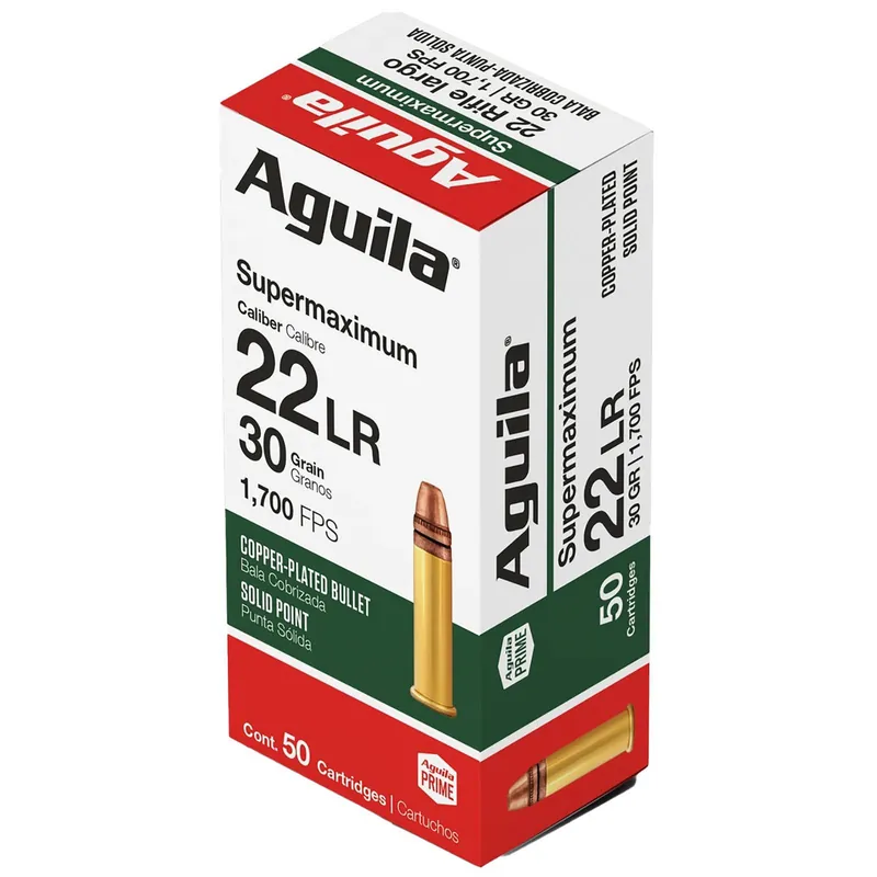 Aguila 1B220298 Supermaximum 22LR 30gr Copper Plated Solid Point 50 Per Box/20 Case