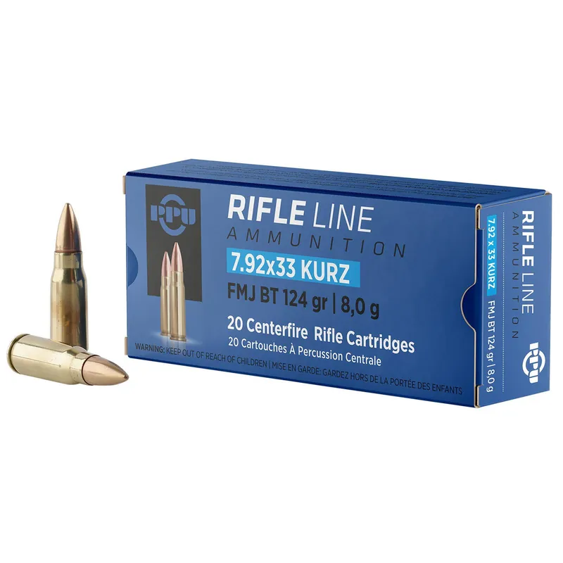 PPU PP7K Metric Rifle 7.9x33mmKurz 124gr Full Metal Jacket Boat Tail 20 Per Box/25 Case