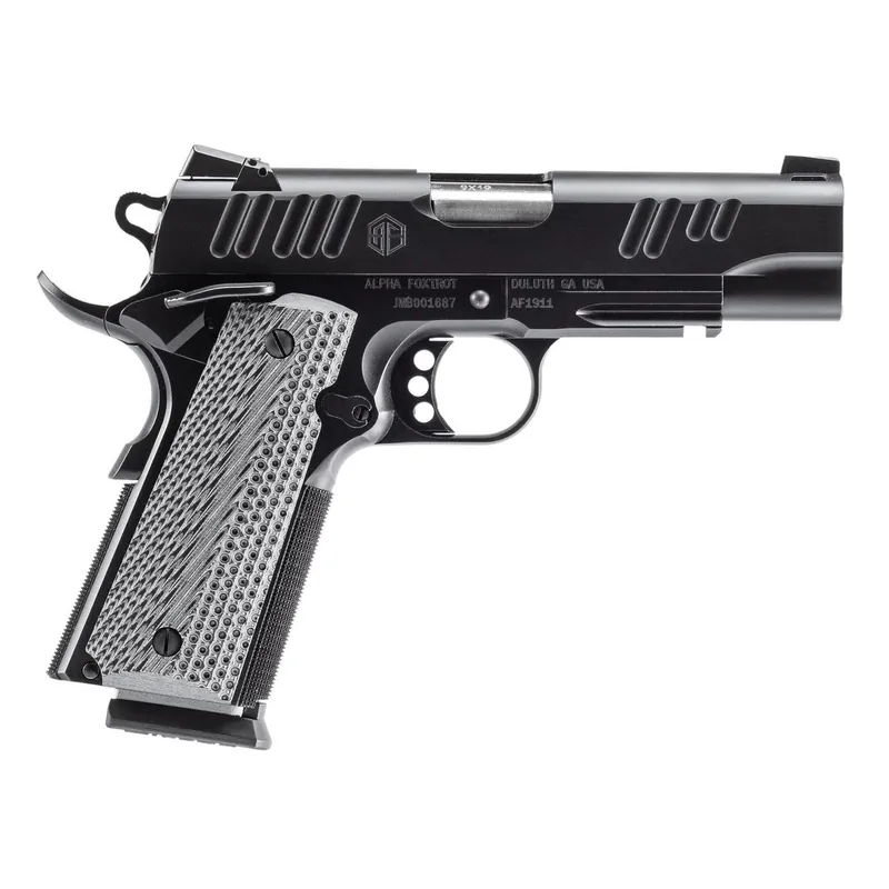 Alpha Foxtrot AA01X1CND-XQBK10 AF1911 Enhanced 9mm Luger 10+1 4.25" Stainless Bull Barrel, Black QPQ Stainless Steel Serrated Slide, Black QPQ Stainless Steel Checkered Frame w/Beavertail, G10 Grip