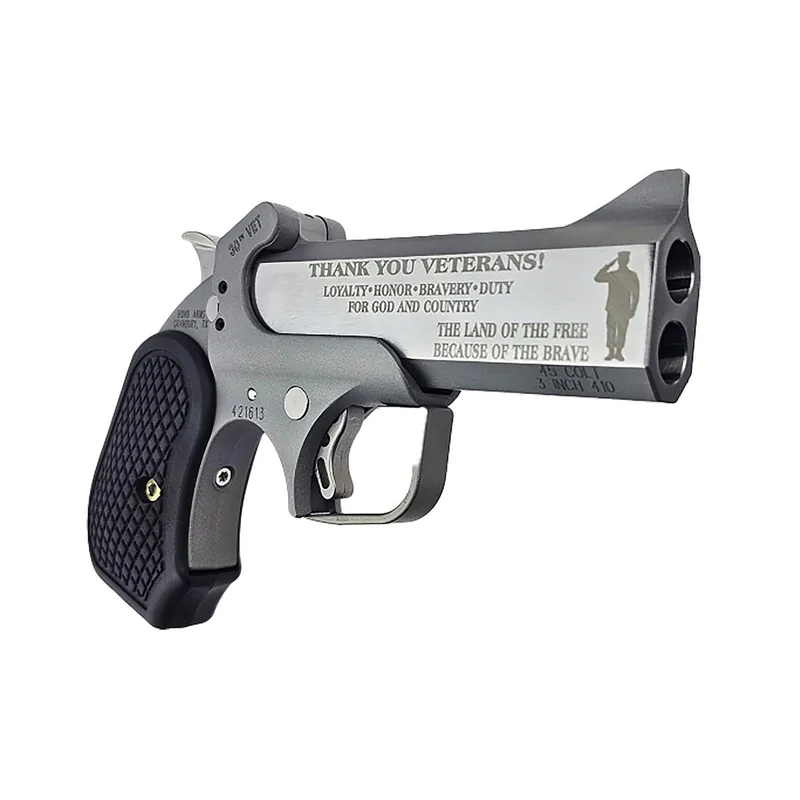 Bond Arms BA30THVET-45LC/410 30th Vet 45 Colt (Long Colt)/410 Gauge 2 Shot 4.25" Engraved Matte Barrel, Rough Matte Stainless Steel Frame, Black Grips