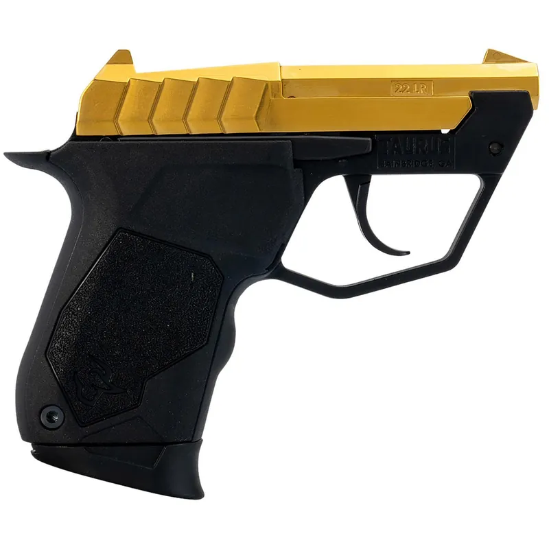 Taurus 1-22TUC13G 22TUC Micro-Compact Frame 22 LR 9+1 2.50" Polished Gold PVD Steel Tip-Up Barrel, Gold PVD Serrated Stainless Steel Slide, Black Polymer Frame, Black Polymer Grip