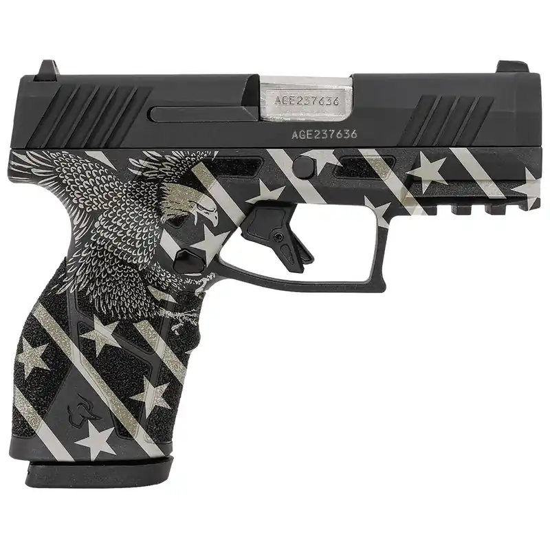 Taurus 1-GX2931-10EN1 GX2 Compact Frame 9mm Luger 10+1 3.38" Stainless Steel Barrel, Matte Black Serrated Alloy Steel Slide, Black w/Eagle, Stars & Stripes Polymer Frame w/Accessory Rail