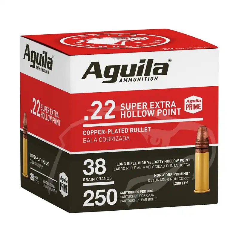 Aguila 1B221103 Super Extra High Velocity 22LR 38gr Copper Plated Hollow Point 250 Per Box/8 Case