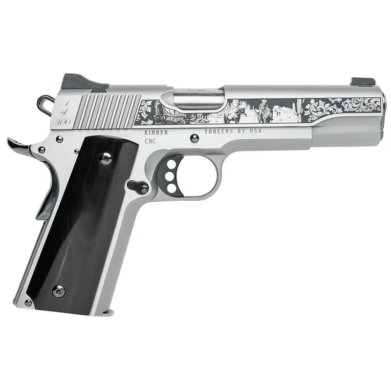 Cnc Firearms CNCWESTSPIRIT Kimber 1911 Western Spirit 45 ACP 7+1 5" Stainless Steel Barrel, Serrated w/Engraved Scrollwork Slide, Black Buffalo Horn Grip