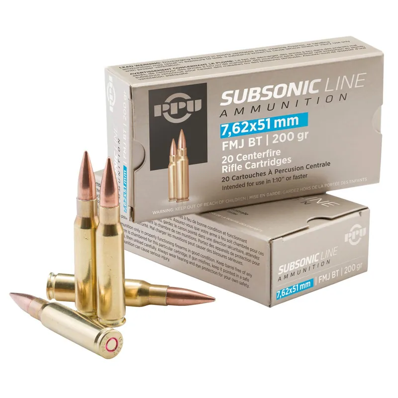 PPU PPS762 Subsonic 7.62x51mmNATO 200gr Full Metal Jacket Boat Tail 20 Per Box/10 Case