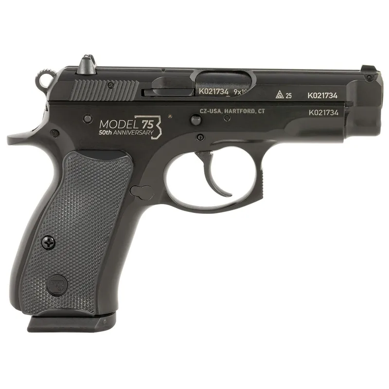 CZ-USA 91122 CZ 75 Compact 50th Anniversary 9mm Luger 15+1 3.75" Black Steel Barrel & Serrated Slide, Black Polycoat Steel Frame w/Beavertail, Black Plastic Grip, Right Hand