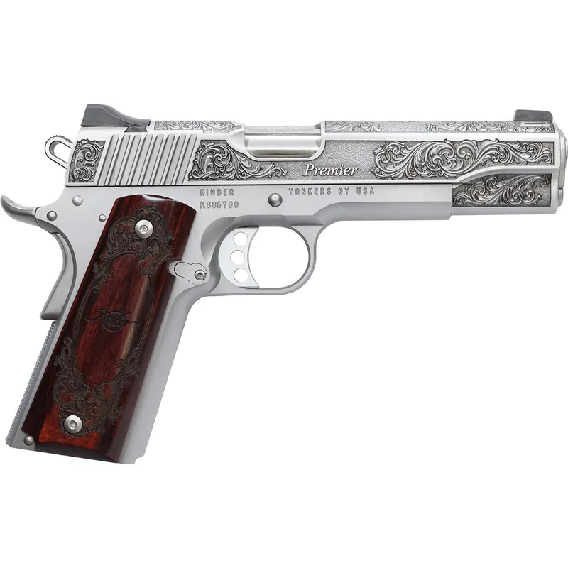 Cnc Firearms CNCPREMIER45 Kimber 1911 Premier 45 ACP 7+1 5" Stainless Steel Barrel, Stainless Steel Engraved Scrollwork/Serrated Slide, Stainless Steel Frame, Engraved Rosewood Grip