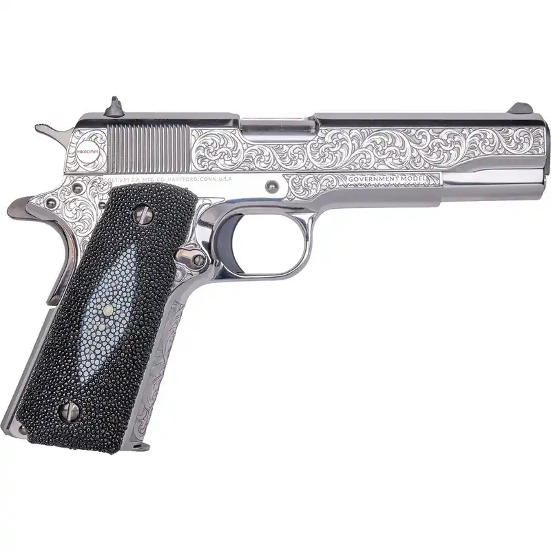 Cnc Firearms CNCTUX38 Colt 1911 Tuxedo 38 Super 9+1 5" Stainless Steel Barrel, High Polished w/Black DLC Engraving Stainless Steel Serrated Slide & Frame, Stingray Grip