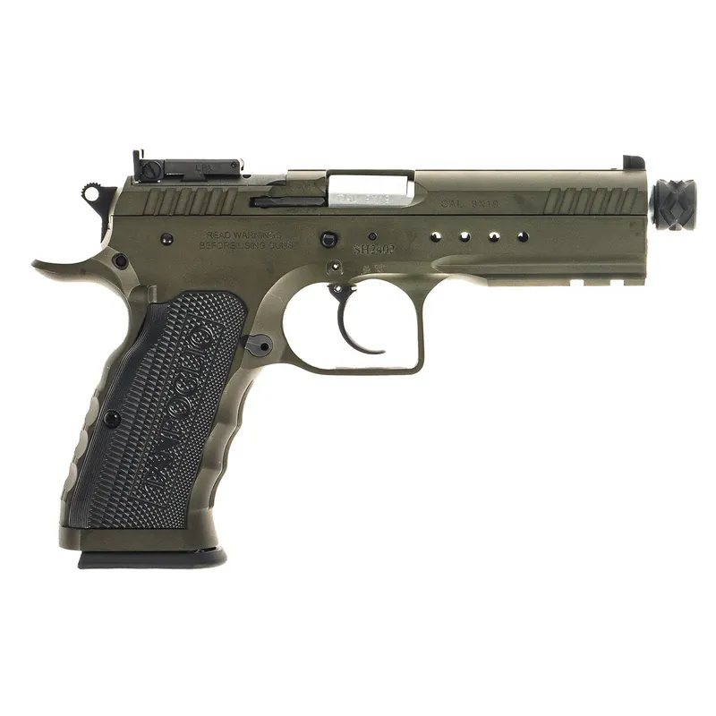 Tanfoglio Defiant Tactical Pro 9mm Luger 20+1 4.50" Stainless Threaded Barrel, Green Steel Optic Ready/Ported/Serrated Slide, Green Steel Frame w/Beavertail & Picatinny Rail, Black Polymer Grip