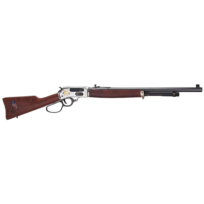 Henry H010BGMC Spirit Of The Corps 45-70 Gov 4+1 22" Black Octagon Barrel, Nickel Engraved w/24K Gold Inlay Brass Drilled & Tapped Receiver, American Walnut Straight Stock