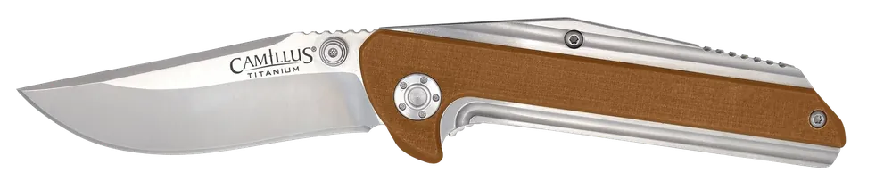 Camillus Sevens 2.75" Folding Plain Silver AUS-8 Carbonitride Titanium Non-Stick Blade, Desert Tan/SS G10/SS Handle