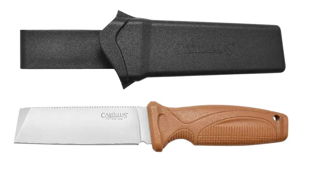 Camillus Swedge 4.30" Fixed Plain Silver 420 Steel Titanium Bonded Blade, Textured Tan ABS Handle, Includes Sheath