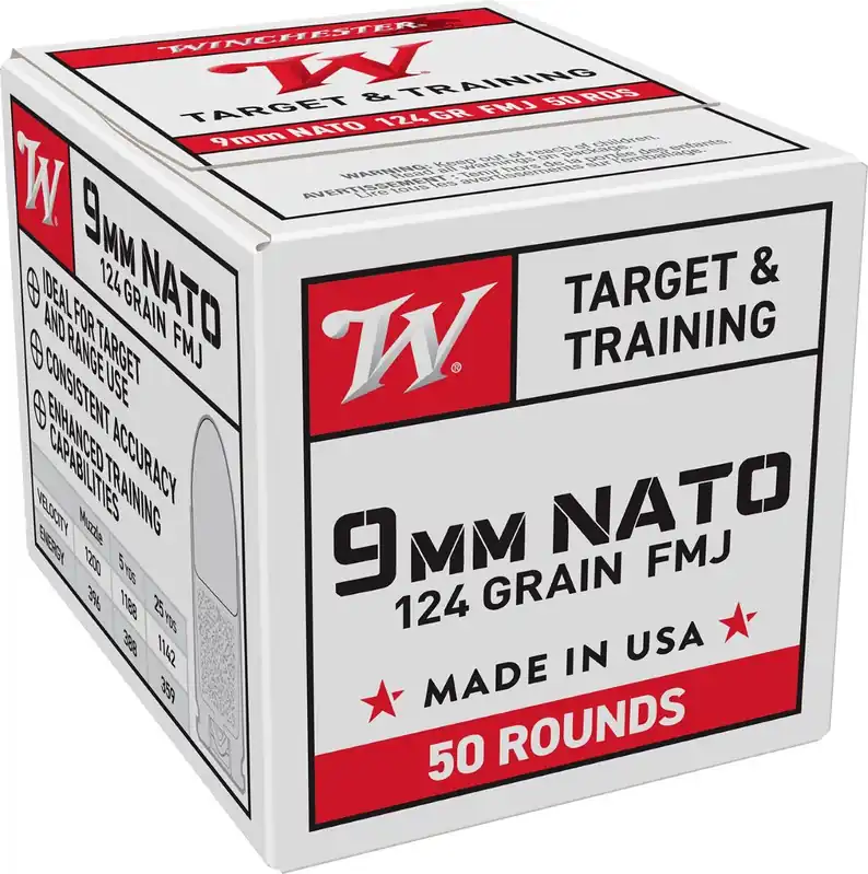 Winchester USA 9mm NATO Ammo 124 gr FMJ 50 Rounds W9NATO50