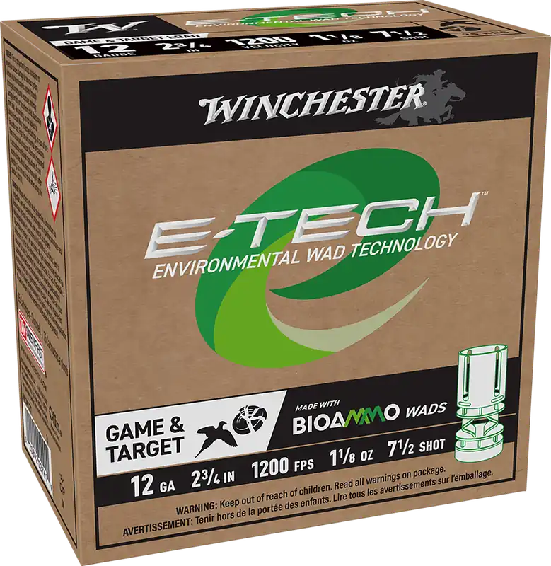 Winchester E-Tech Shotshells w/BIOAMMO wads 12 GA 2-3/4" 1-1/8 oz 7.5 Steel Shot 1200 fps 25 Shells Per Box