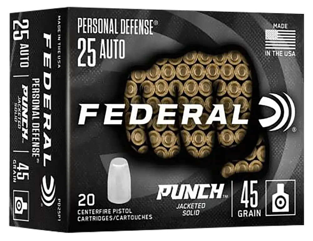 Federal Punch 25 ACP Ammo 45 Grain Hollow Point 20 Rounds PD25P1