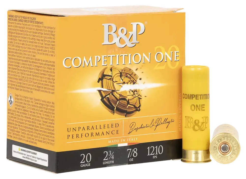 B&P Competition One Shotshells 20 ga 2-3/4" 7/8 oz 7.5 Lead Shot 1210 fps 8mm Brass 25 Shells Per Box
