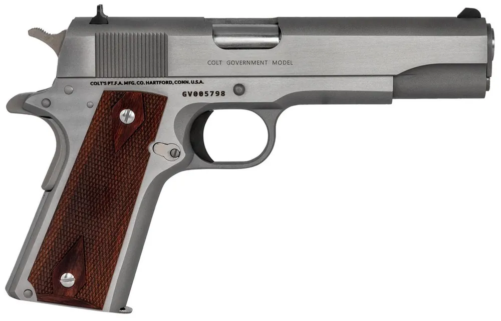 Colt 1991 Government .45ACP Pistol 7+1 5" Barrel All-Stainless White Dot Sights Series 70 Checkered Rubber Grips SAO O1911C-SS