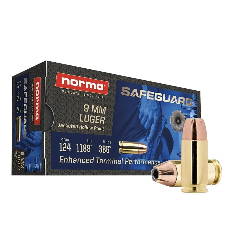 Norma Safeguard 9mm Ammo 124gr JHP Brass 50 Rds 810036151788