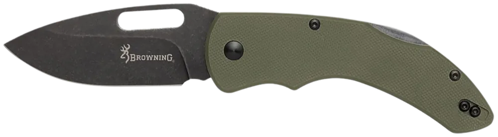 Browning Hidden Hollow Knife EDC Large 3" Folding Black Oxide Stonewashed D2 Steel Blade, OD Green G10 Handle 3220506B