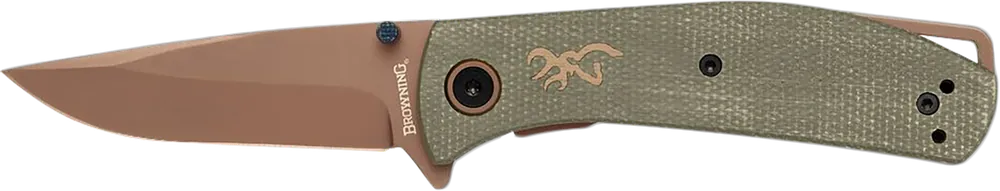 Browning Trailside EDC Small Knife 3" Folding Knife Plain Titanium Finish D2 Steel Blade, Green Micarta Handle 3220516