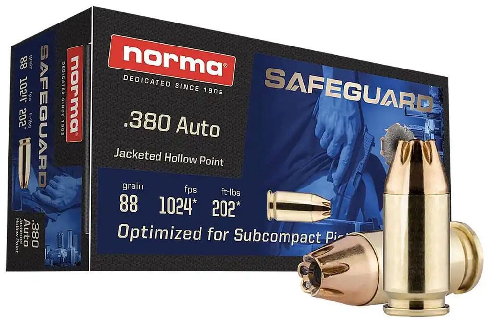 Norma Ammunition Safeguard .380 ACP Ammo 88 gr Jacketed Hollow Point 50 Rounds 803807680