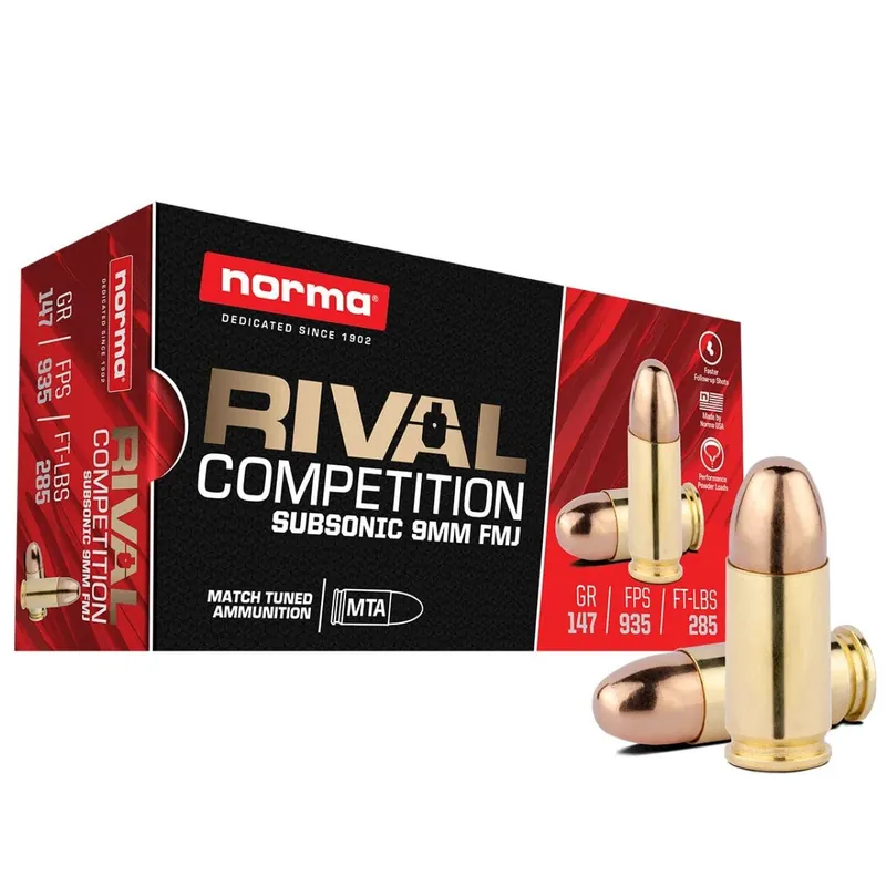 Norma Ammunition Subsonic 9mm Luger Ammo 147 gr Full Metal Jacket 50 Rounds 801906402