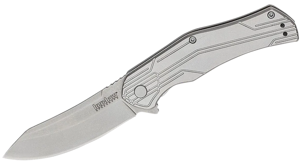Kershaw Husker EDC 3" Folding Trailing Point Plain Bead Blasted 8Cr13MoV SS Blade, Stonewashed Stainless Steel Handle 1380X