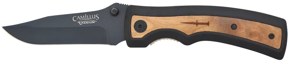 Camillus Slick Knife 3" Folding Clip Point Plain Black Carbonitride Titanium AUS-8A SS Blade, 5" Black Rubber/Wood Handle 19076-001